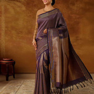 Violet zari buttas vasundhara elite silk saree,  zari striped border & pallu of intricate designs
