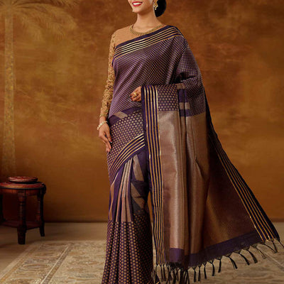 Violet zari buttas vasundhara elite silk saree,  zari striped border & pallu of intricate designs