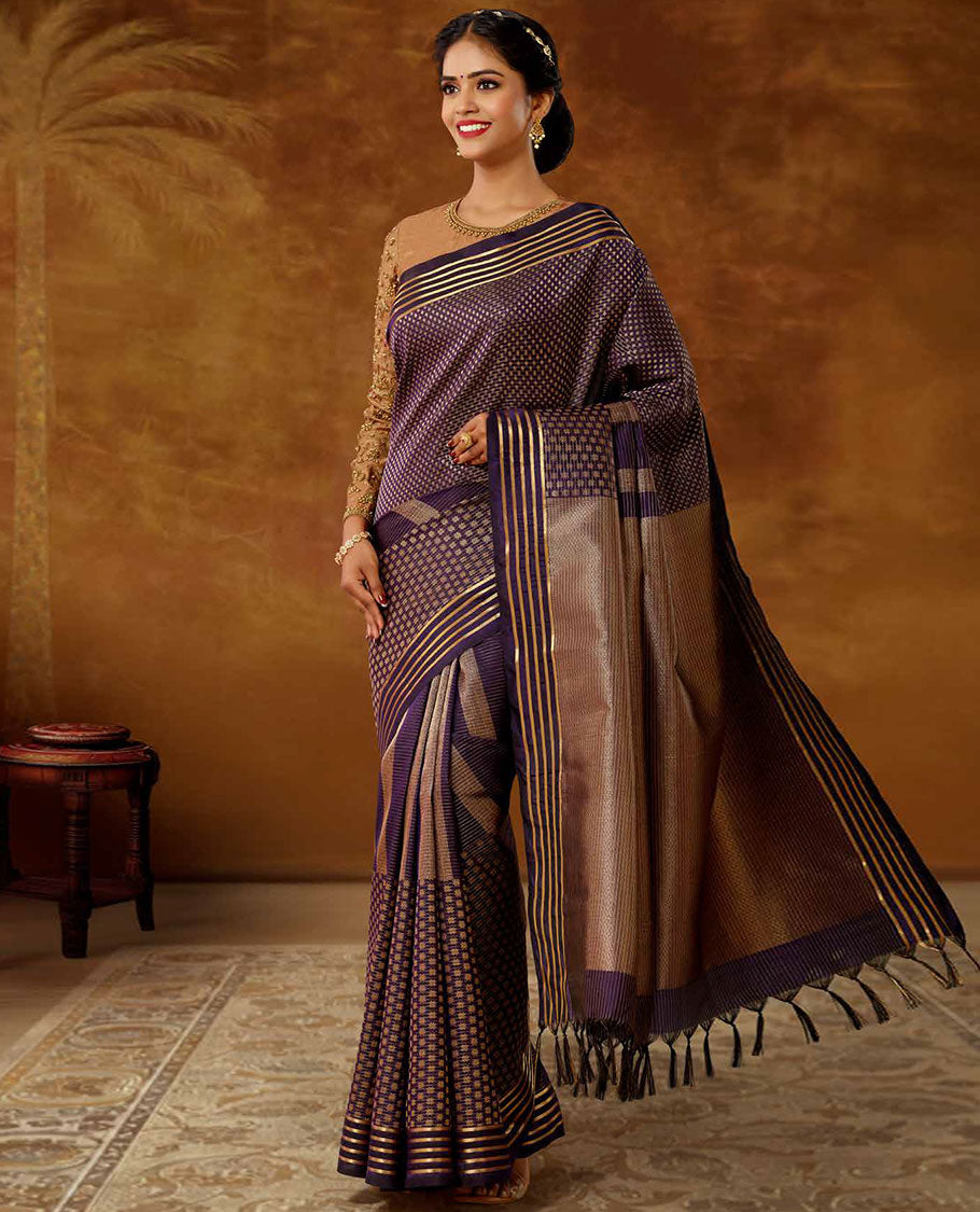 Violet zari buttas vasundhara elite silk saree,  zari striped border & pallu of intricate designs