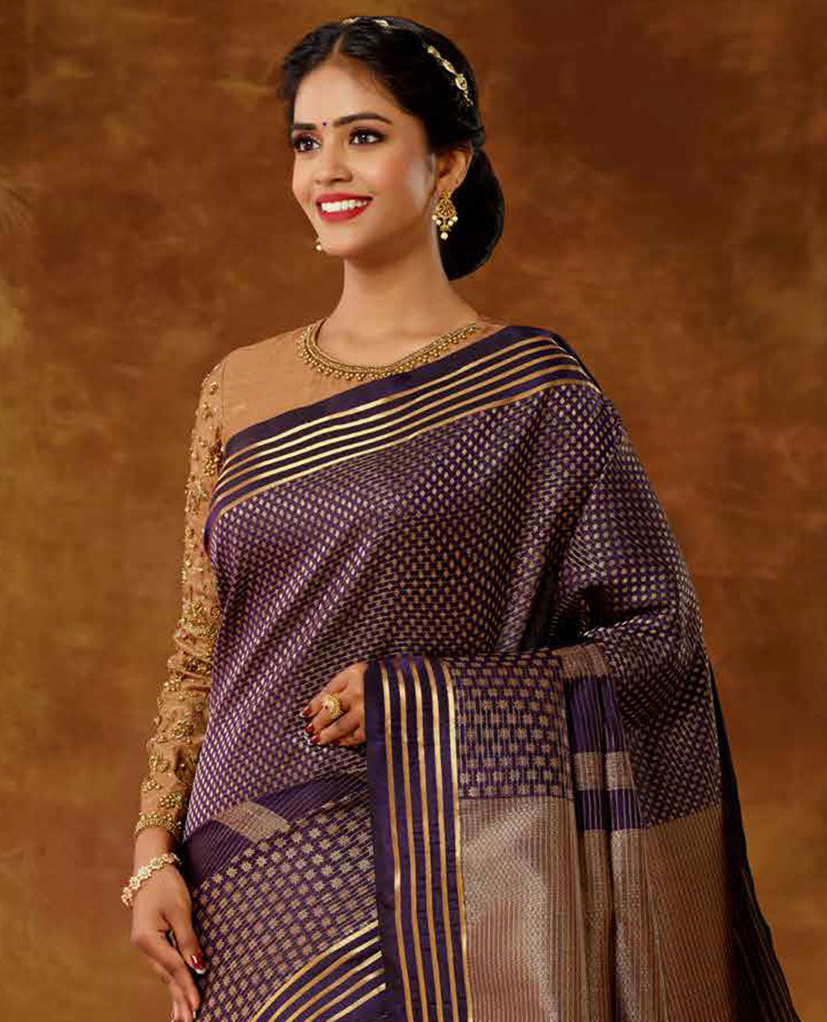 Violet zari buttas vasundhara elite silk saree,  zari striped border & pallu of intricate designs