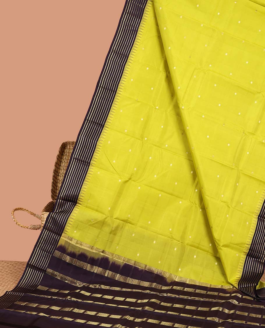Green zari buttas silk saree, contrast temple banaras zari design border & zari design pallu