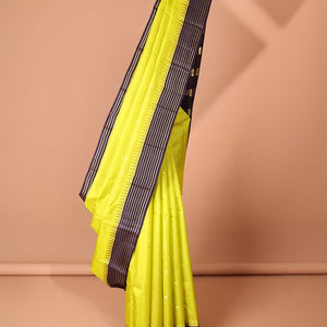 Green zari buttas silk saree, contrast temple banaras zari design border & zari design pallu