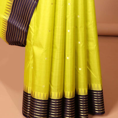 Green zari buttas silk saree, contrast temple banaras zari design border & zari design pallu