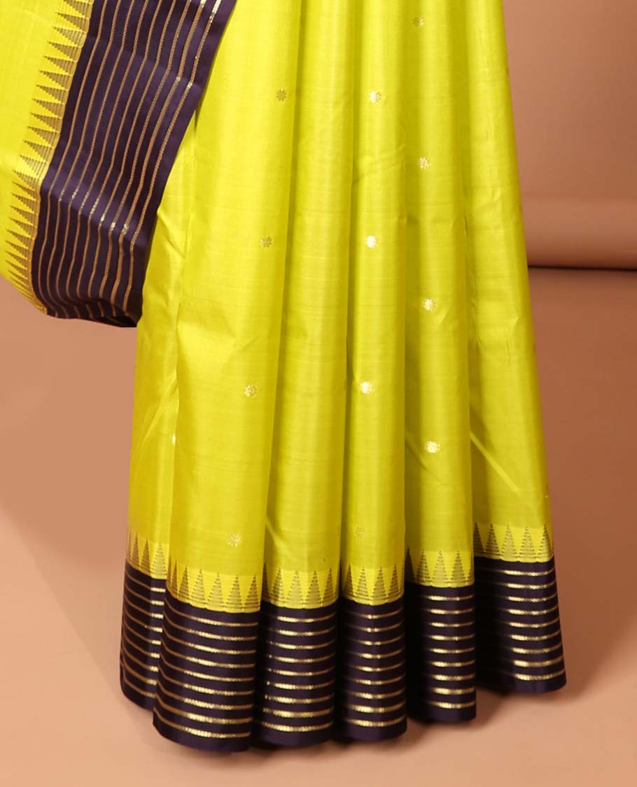 Green zari buttas silk saree, contrast temple banaras zari design border & zari design pallu