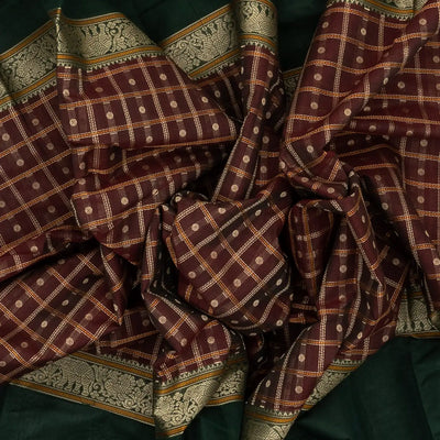Maroon Handloom Kanchi Cotton Muppagam Saree With Checks & Button Motifs.