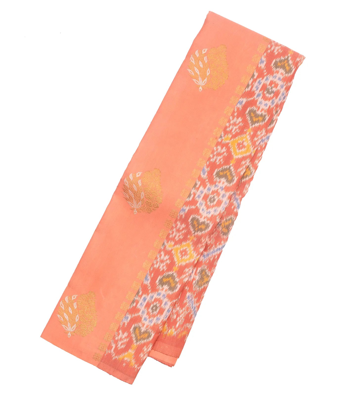 Light Peach Handloom Kanchipuram Silk Saree With Ikat Floral Buttas