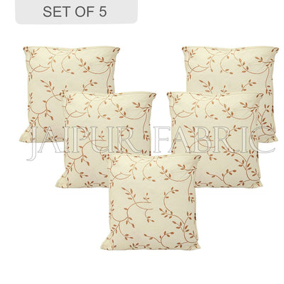 Cream Base Golden Leaf  Print Cotton Cushion Cover
