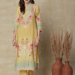 Floral & Geometric Printed Straight Fit Kurta with Pant & Dupatta - Sheen Green
