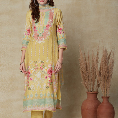 Floral & Geometric Printed Straight Fit Kurta with Pant & Dupatta - Sheen Green