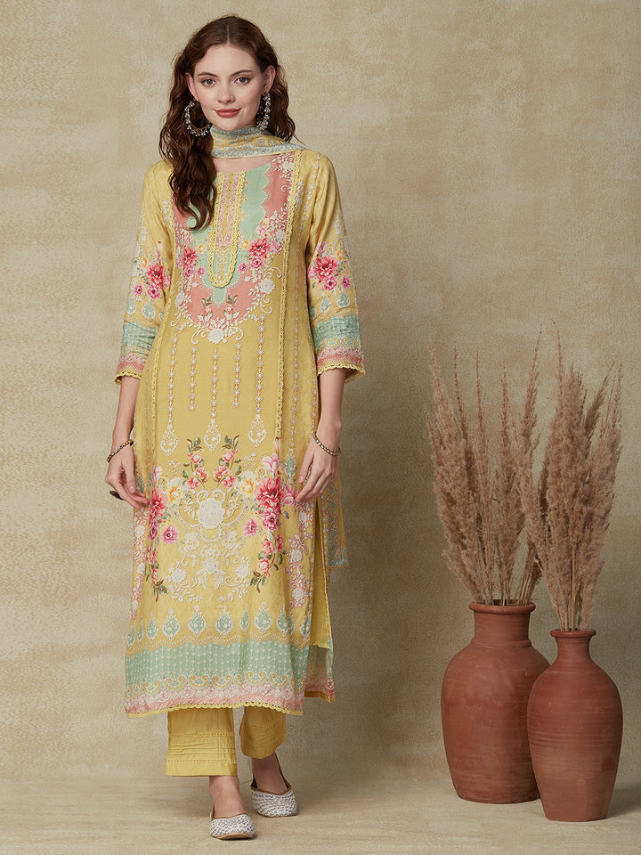 Floral & Geometric Printed Straight Fit Kurta with Pant & Dupatta - Sheen Green