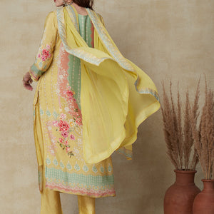 Floral & Geometric Printed Straight Fit Kurta with Pant & Dupatta - Sheen Green