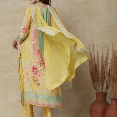 Floral & Geometric Printed Straight Fit Kurta with Pant & Dupatta - Sheen Green