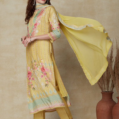 Floral & Geometric Printed Straight Fit Kurta with Pant & Dupatta - Sheen Green