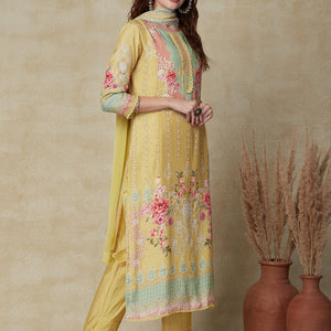 Floral & Geometric Printed Straight Fit Kurta with Pant & Dupatta - Sheen Green