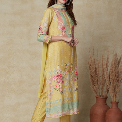 Floral & Geometric Printed Straight Fit Kurta with Pant & Dupatta - Sheen Green
