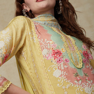 Floral & Geometric Printed Straight Fit Kurta with Pant & Dupatta - Sheen Green