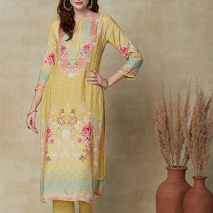 Floral & Geometric Printed Straight Fit Kurta with Pant & Dupatta - Sheen Green