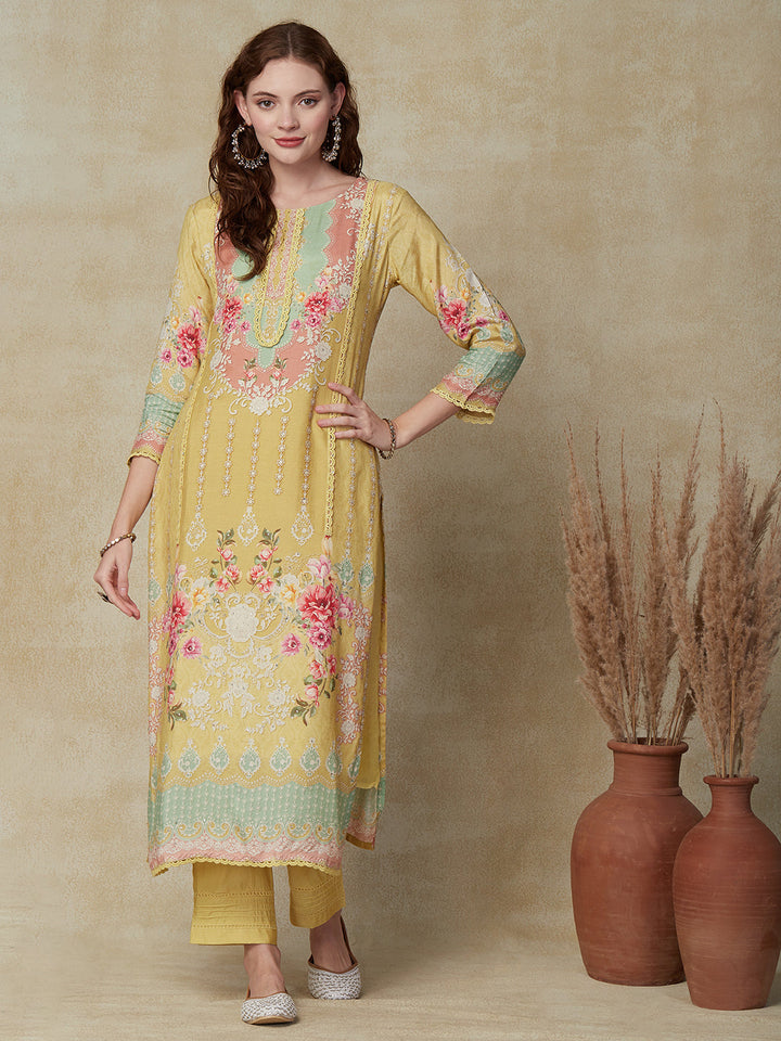 Floral & Geometric Printed Straight Fit Kurta with Pant & Dupatta - Sheen Green