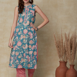 Ethnic Floral Printed & Embroidered Straight Fit Kurta - Sea Green