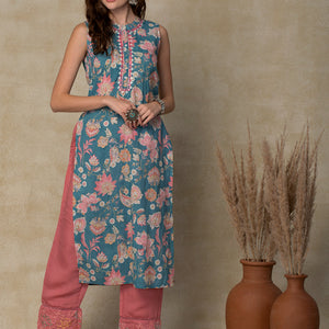 Ethnic Floral Printed & Embroidered Straight Fit Kurta - Sea Green