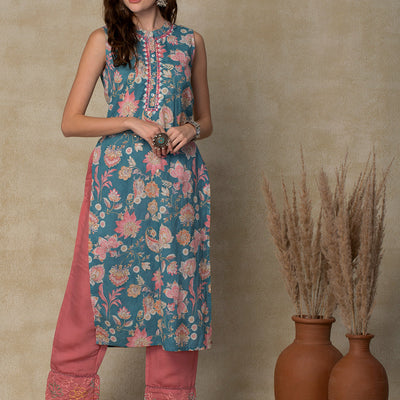 Ethnic Floral Printed & Embroidered Straight Fit Kurta - Sea Green