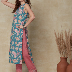 Ethnic Floral Printed & Embroidered Straight Fit Kurta - Sea Green