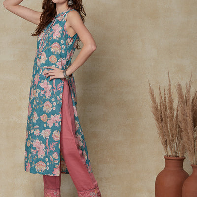 Ethnic Floral Printed & Embroidered Straight Fit Kurta - Sea Green