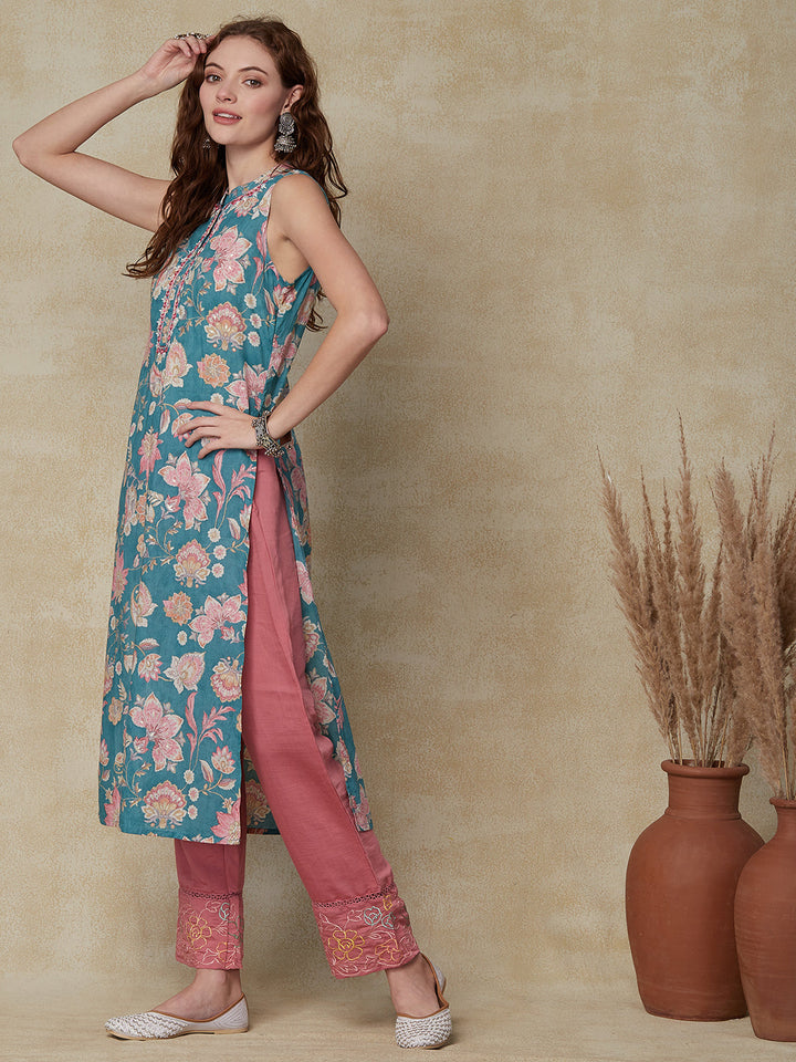 Ethnic Floral Printed & Embroidered Straight Fit Kurta - Sea Green