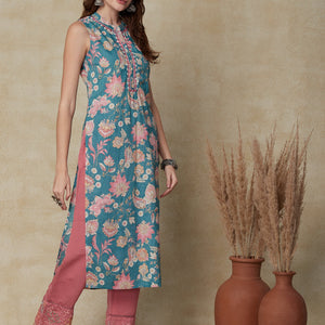 Ethnic Floral Printed & Embroidered Straight Fit Kurta - Sea Green