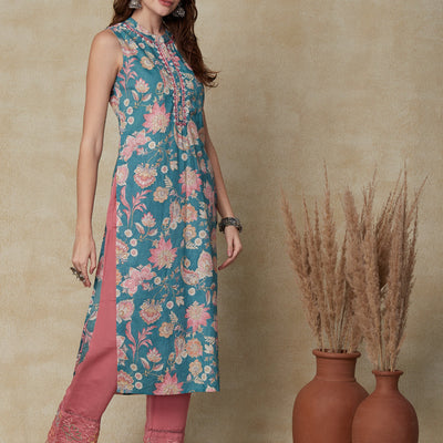 Ethnic Floral Printed & Embroidered Straight Fit Kurta - Sea Green