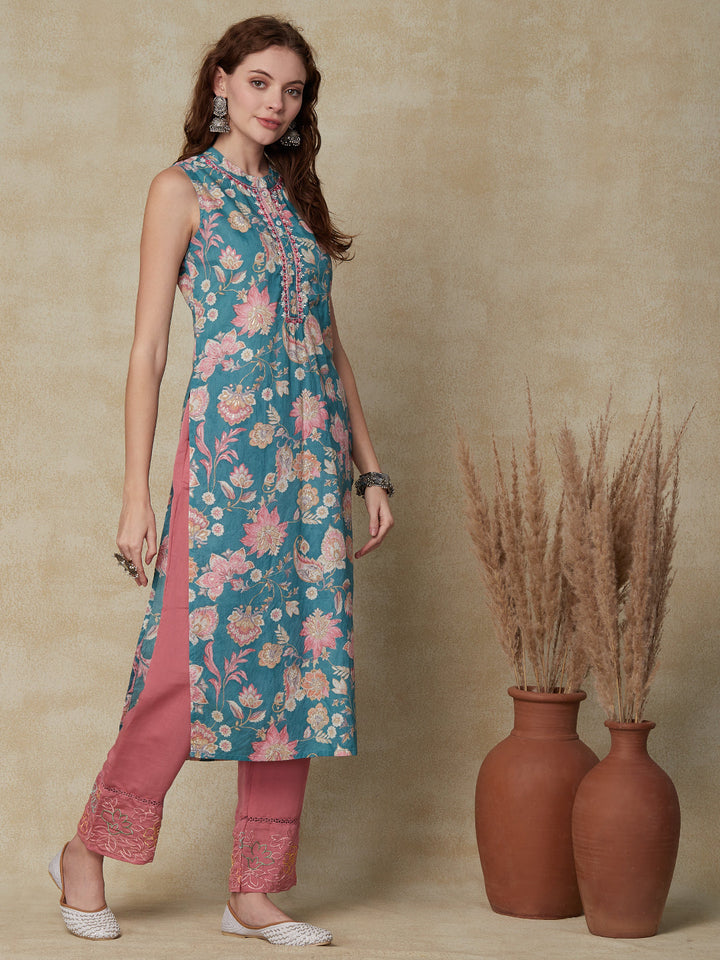 Ethnic Floral Printed & Embroidered Straight Fit Kurta - Sea Green