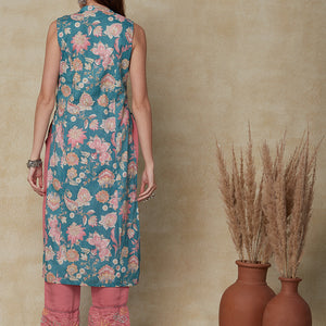 Ethnic Floral Printed & Embroidered Straight Fit Kurta - Sea Green