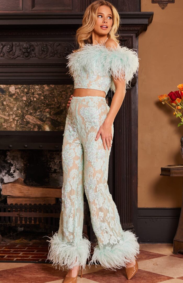 Jovani 22350 Long Beaded Two Piece Lace Formal Jumpsuit