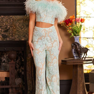 Jovani 22350 Long Beaded Two Piece Lace Formal Jumpsuit