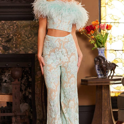 Jovani 22350 Long Beaded Two Piece Lace Formal Jumpsuit