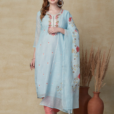 Solid Resham Embroidered Kurta with Floral Printed Dupatta - Sky Blue