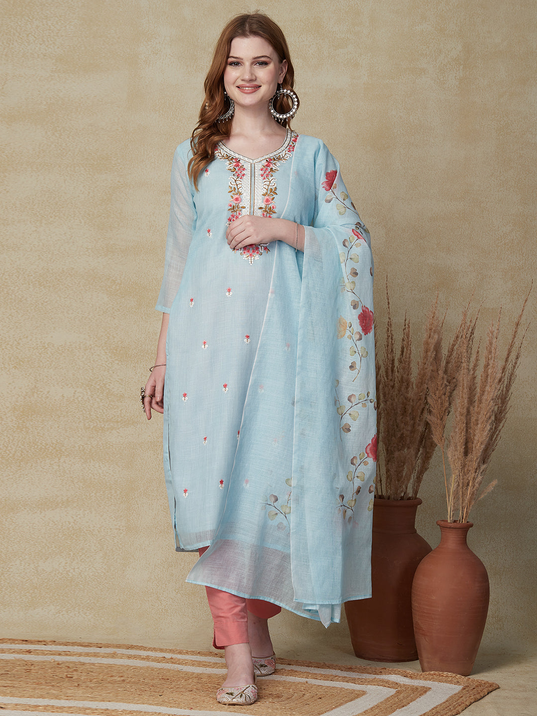 Solid Resham Embroidered Kurta with Floral Printed Dupatta - Sky Blue