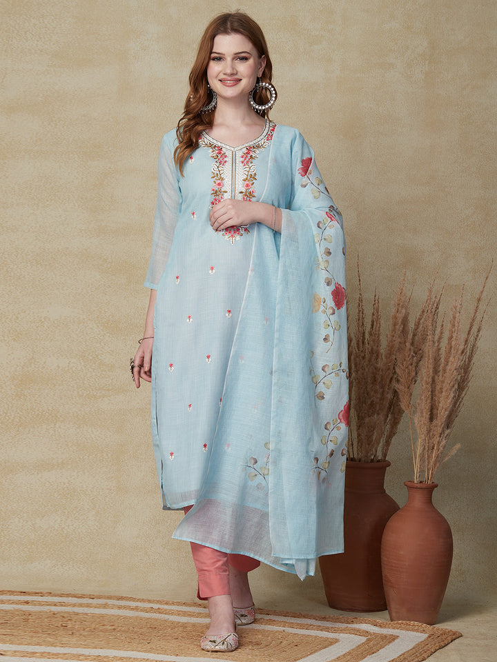 Solid Resham Embroidered Kurta with Floral Printed Dupatta - Sky Blue