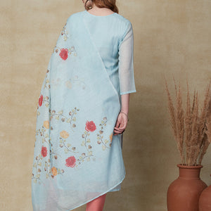 Solid Resham Embroidered Kurta with Floral Printed Dupatta - Sky Blue