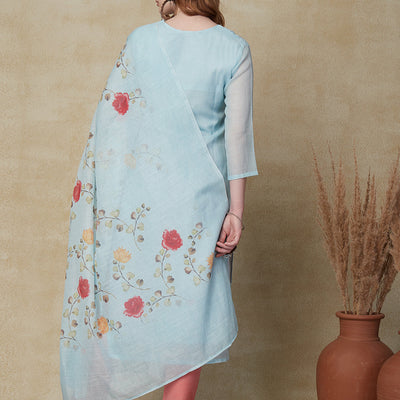 Solid Resham Embroidered Kurta with Floral Printed Dupatta - Sky Blue