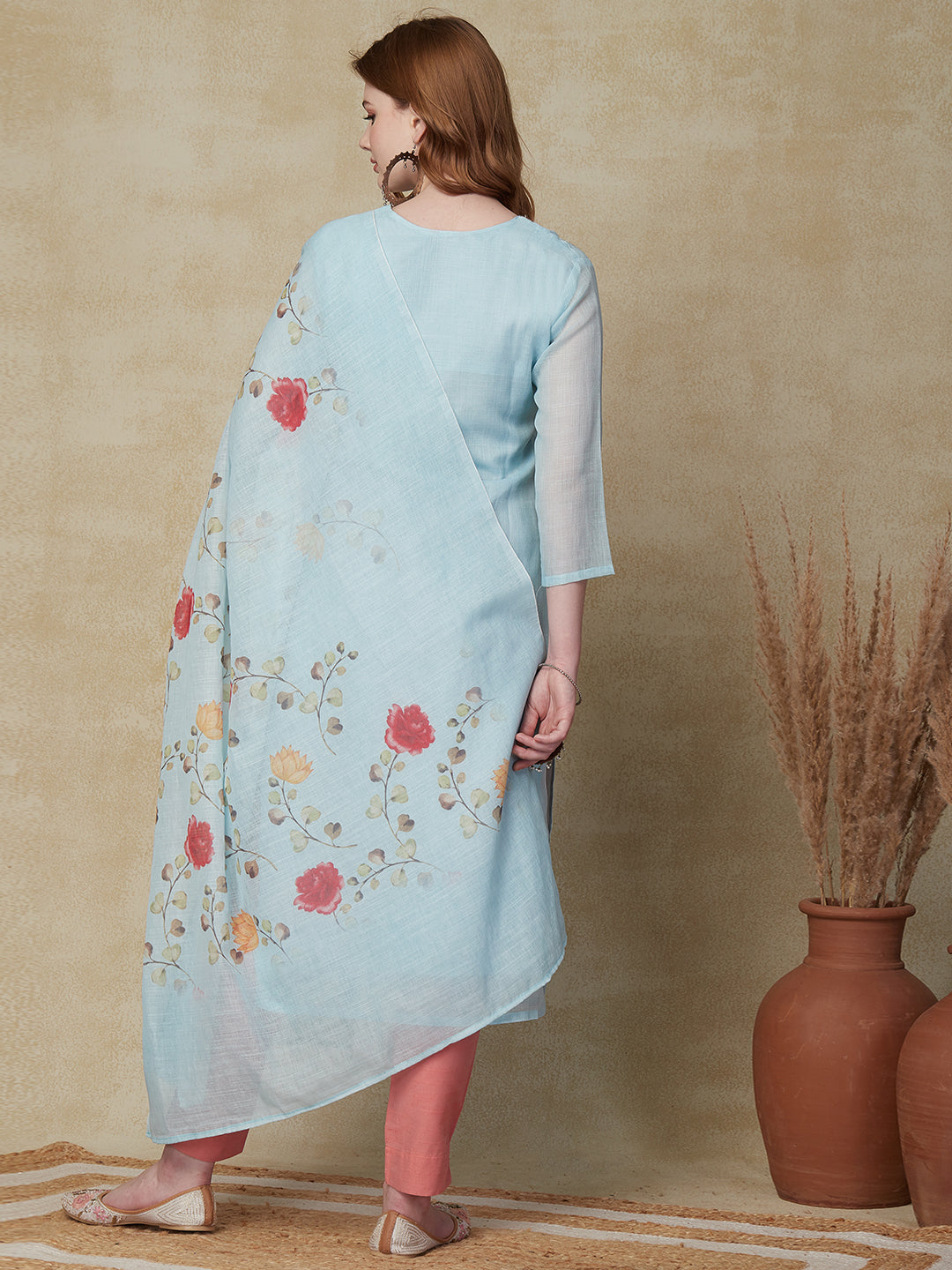 Solid Resham Embroidered Kurta with Floral Printed Dupatta - Sky Blue