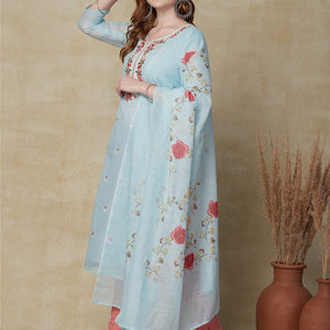 Solid Resham Embroidered Kurta with Floral Printed Dupatta - Sky Blue