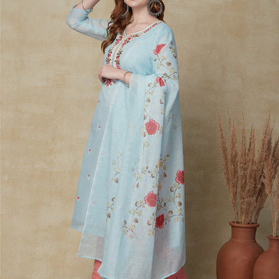 Solid Resham Embroidered Kurta with Floral Printed Dupatta - Sky Blue