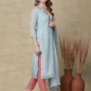 Solid Resham Embroidered Kurta with Floral Printed Dupatta - Sky Blue