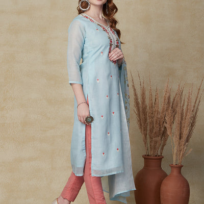 Solid Resham Embroidered Kurta with Floral Printed Dupatta - Sky Blue