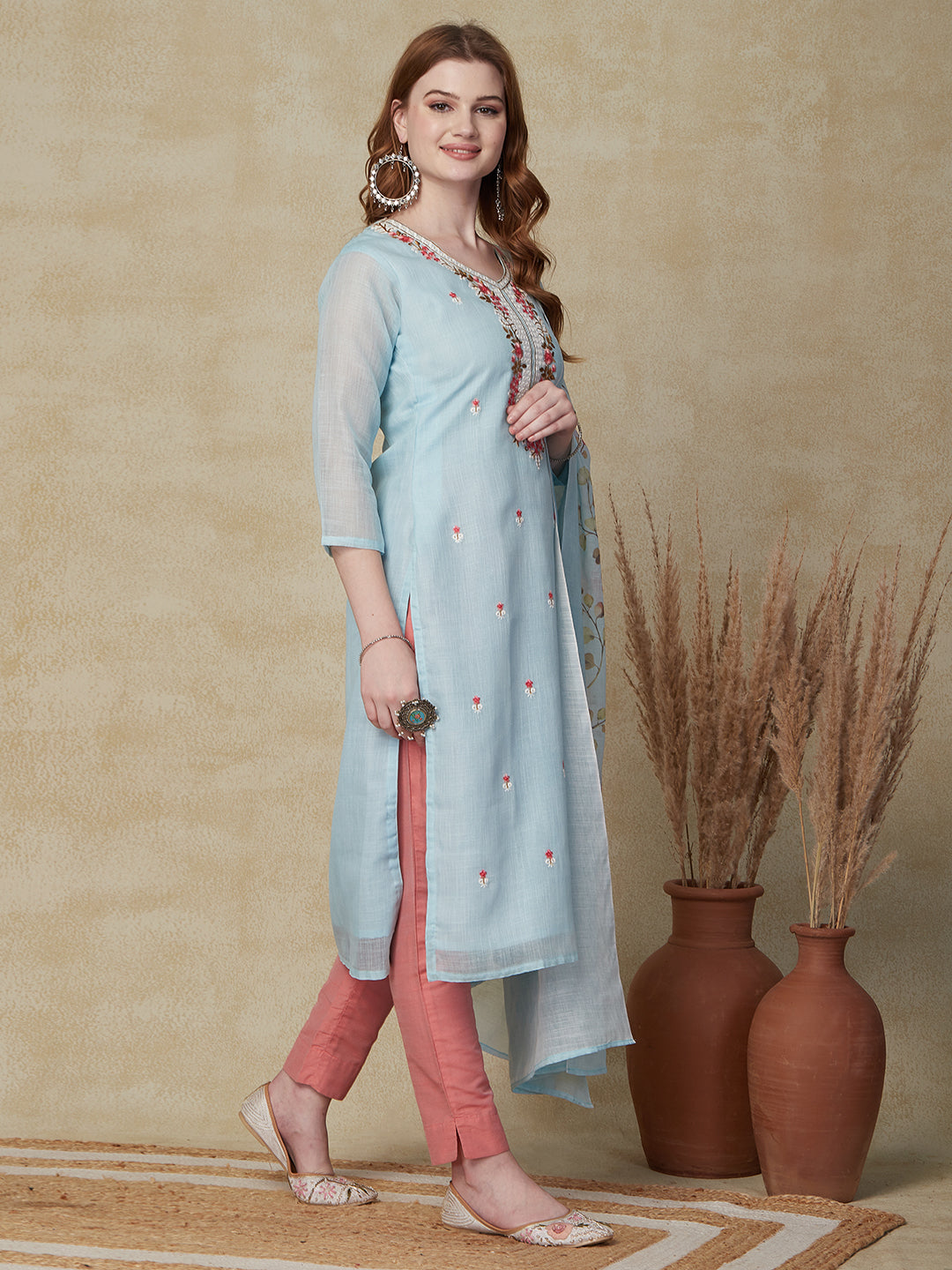 Solid Resham Embroidered Kurta with Floral Printed Dupatta - Sky Blue