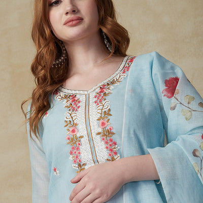 Solid Resham Embroidered Kurta with Floral Printed Dupatta - Sky Blue