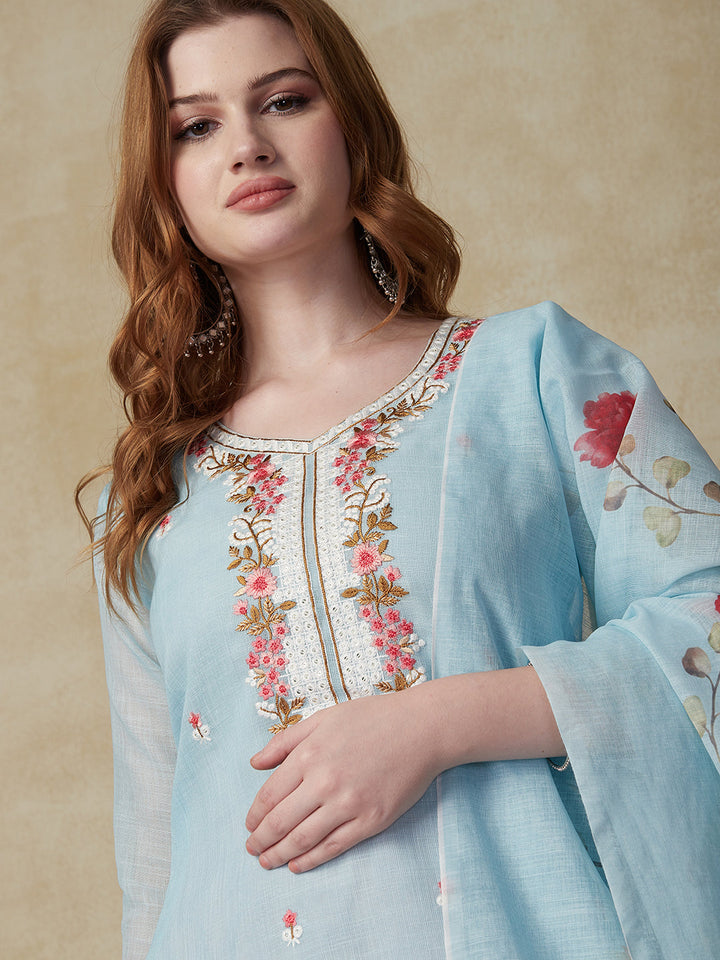 Solid Resham Embroidered Kurta with Floral Printed Dupatta - Sky Blue