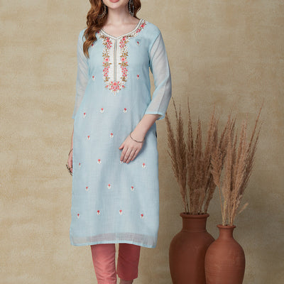 Solid Resham Embroidered Kurta with Floral Printed Dupatta - Sky Blue