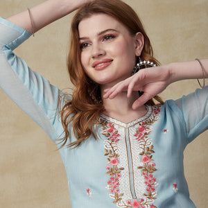 Solid Resham Embroidered Kurta with Floral Printed Dupatta - Sky Blue